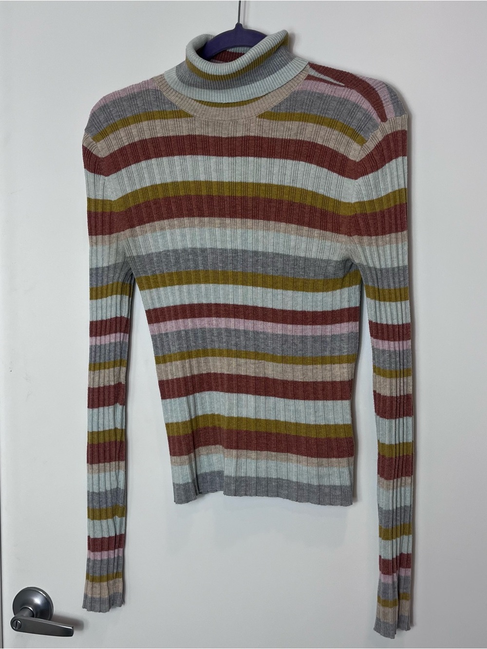 American Eagle Striped Ribbed Turtleneck Sweater Multicolor Large Cotton Blend